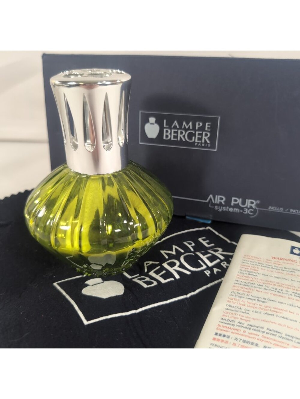 Lampe Berger Fragrance Oil Lamp Green Silver Ribbed 5" in Box Bag 403256 Glass